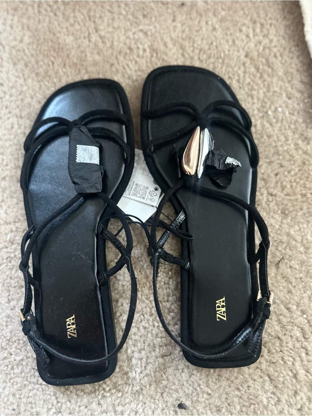 ZARA Black Strappy Square-Toe Sandals with Gold Accent